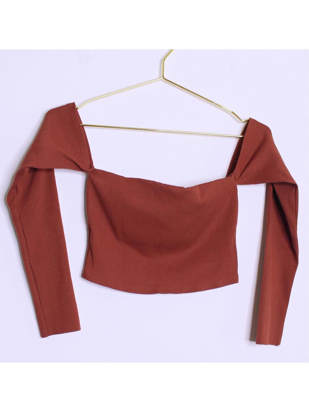Burnt Sienna Ribbed Knit Crop Top with 3/4 Sleeves - Small